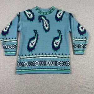 Extra Vintage 90s Womens Blue Paisley Geometric Knit Sweater Retro Acrylic Small